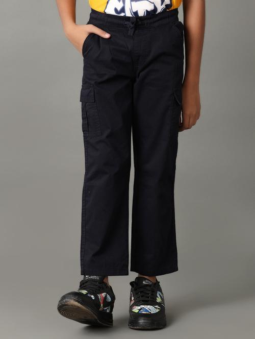 boys navy blue solids cargos trouser - 21371215 - Standard Image - 0