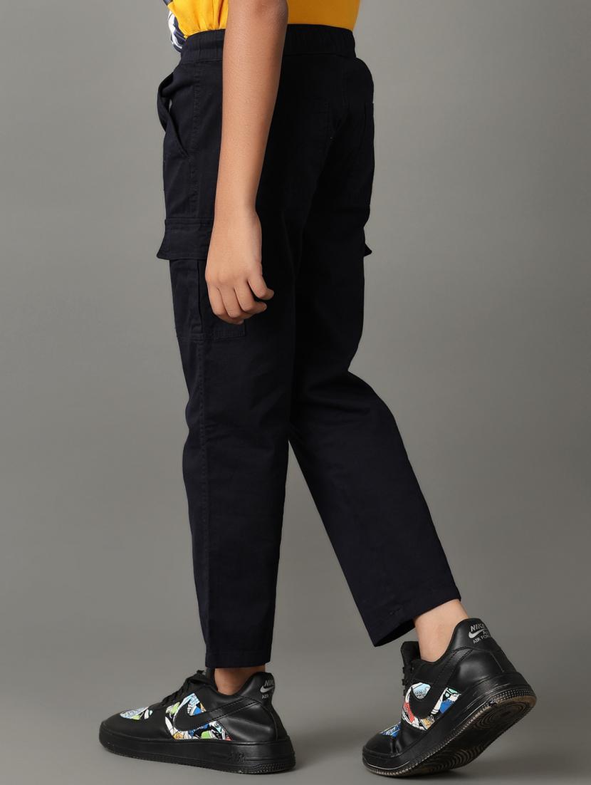 boys navy blue solids cargos trouser - 21371215 - Standard Image - 3