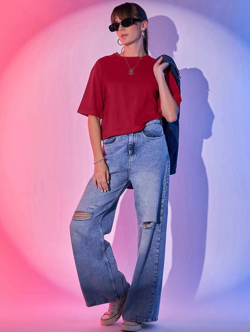 maroon cotton boxy tshirt - 21371405 -  Standard Image - 3