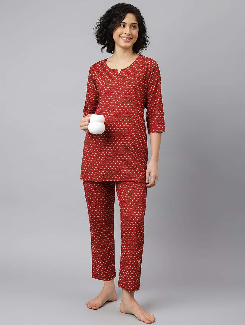 women notch neck printed pyjama nightwear set - 21371662 -  Standard Image - 3
