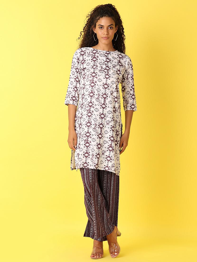 women printed round neck kurta palazzo set 