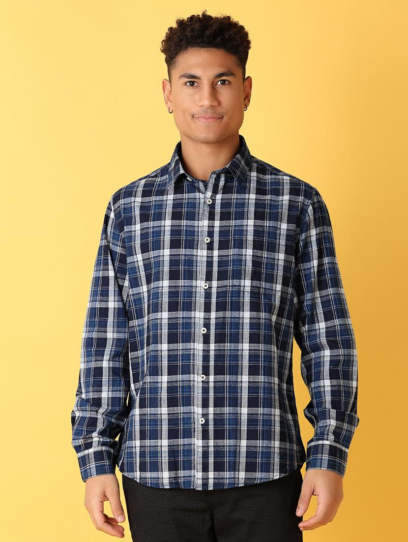 men navy blue regular fit checkered casual shirt - 21371957 -  Zoom Image - 0