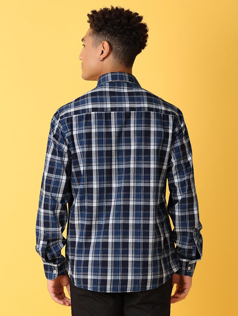 men navy blue regular fit checkered casual shirt - 21371957 - Standard Image - 3
