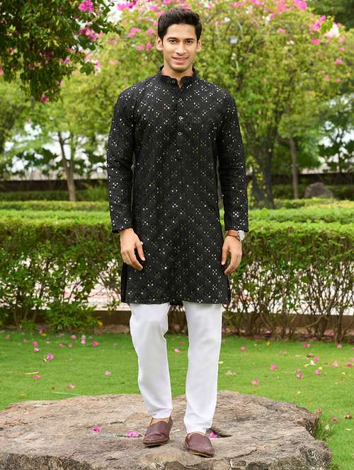 men mandarin neck sequined long kurta - 21372308 - Standard Image - 0