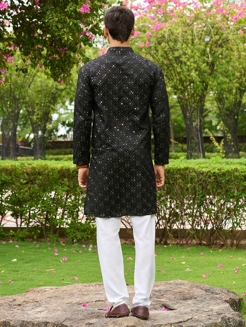men mandarin neck sequined long kurta - 21372308 - Standard Image - 3
