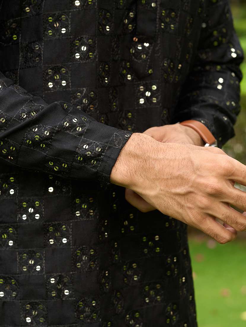 men mandarin neck sequined long kurta - 21372308 - Standard Image - 5