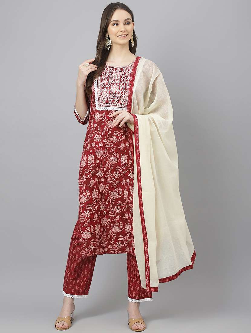 women three quarter sleeve kurta pant with dupatta set