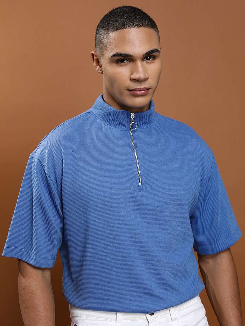 men solid high neck oversized t-shirt
