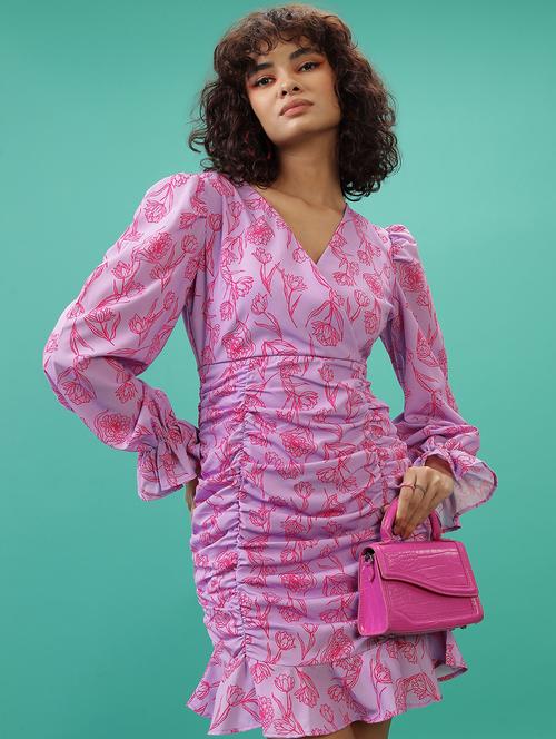 women printed overlap neck ruched dress - 21375790 -  Standard Image - 0