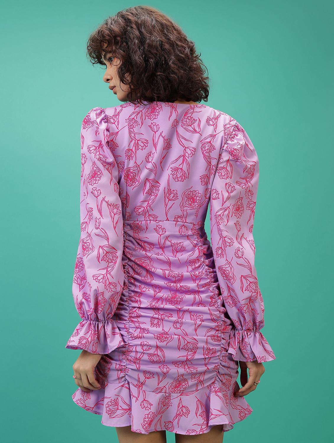 women printed overlap neck ruched dress - 21375790 - Standard Image - 3