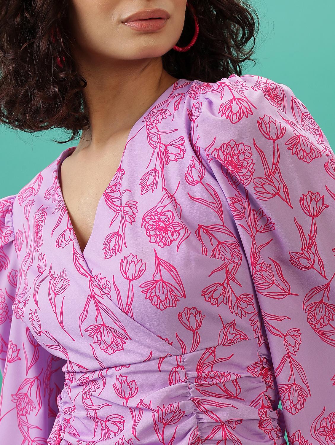 women printed overlap neck ruched dress - 21375790 - Standard Image - 5