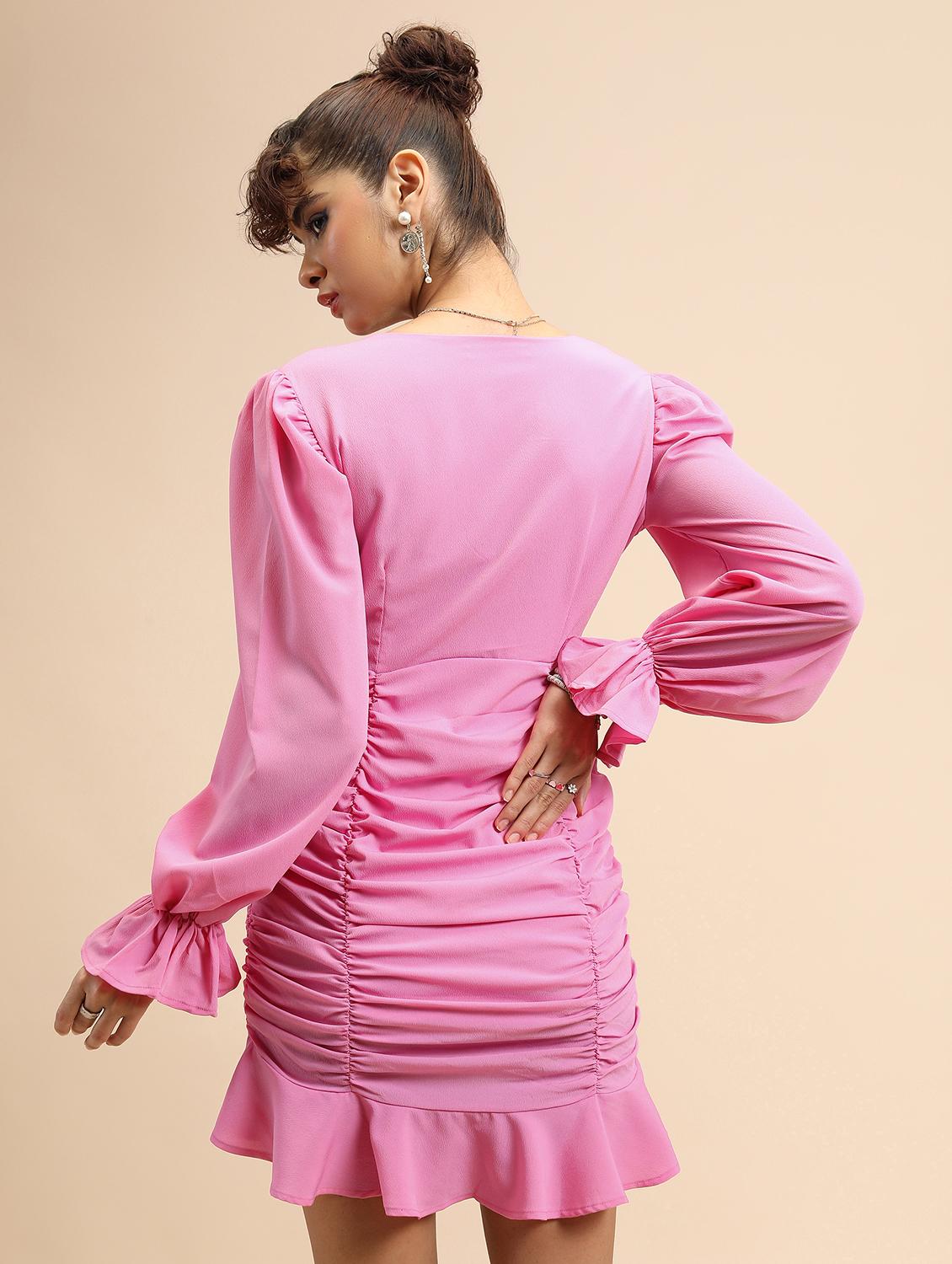women solid pink gathered sheath dress - 21375792 - Standard Image - 3