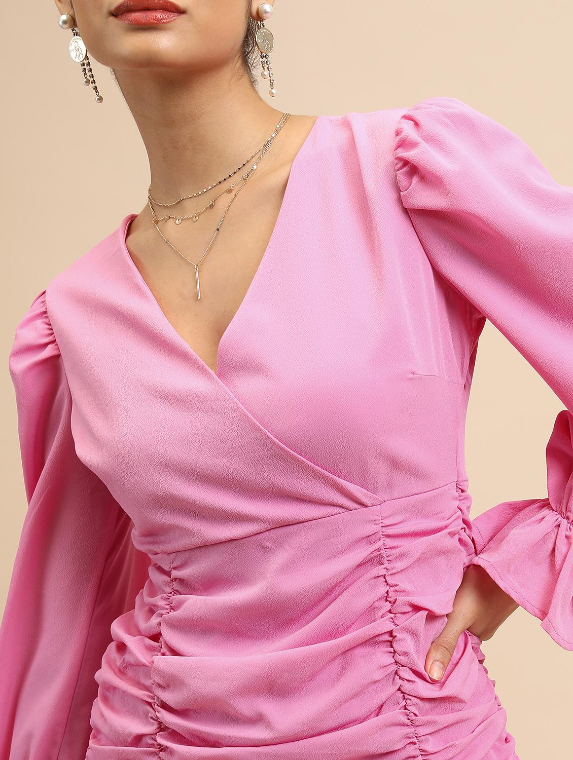 women solid pink gathered sheath dress - 21375792 - Standard Image - 5