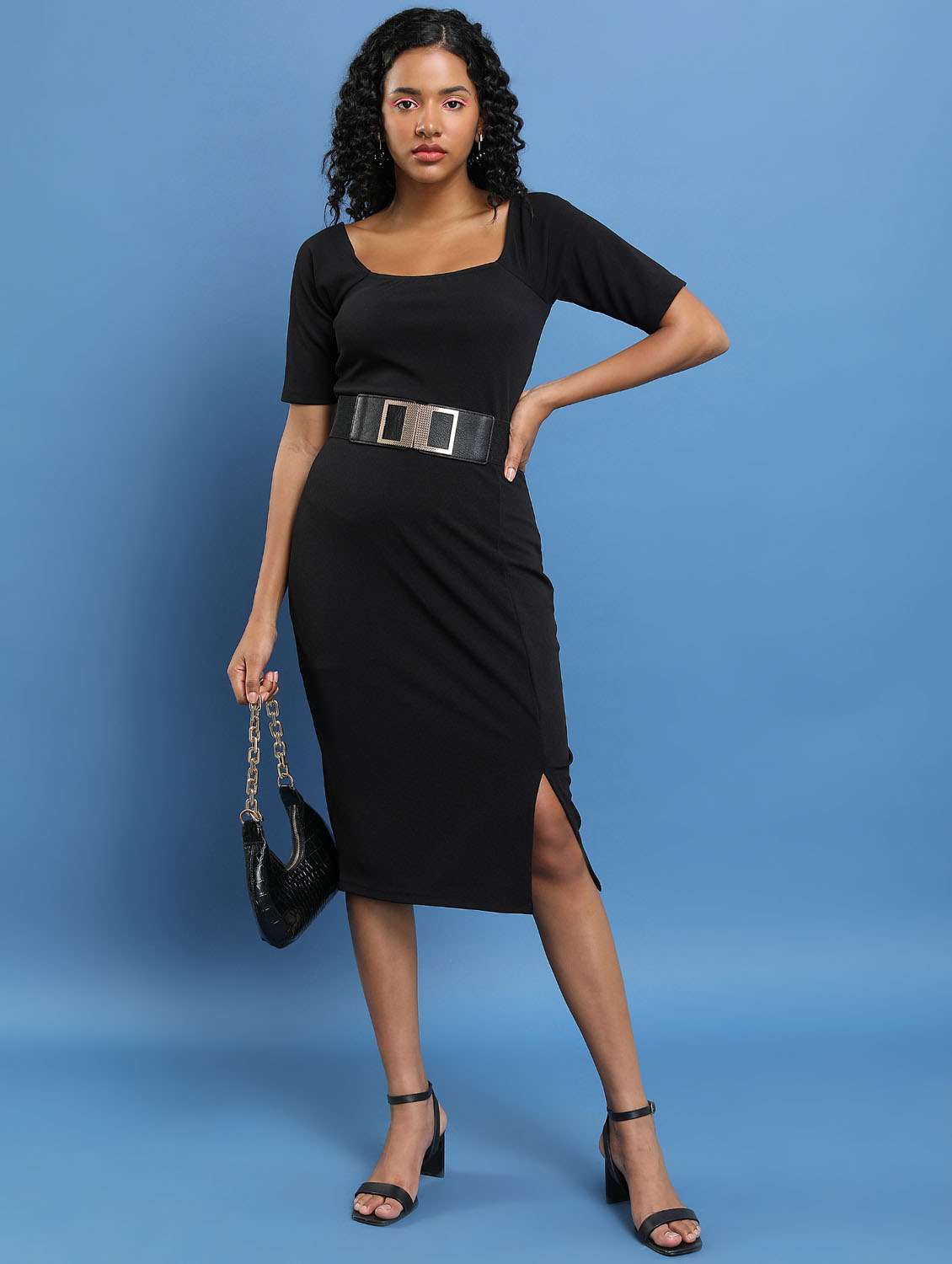 black cotton blend bodycon dress