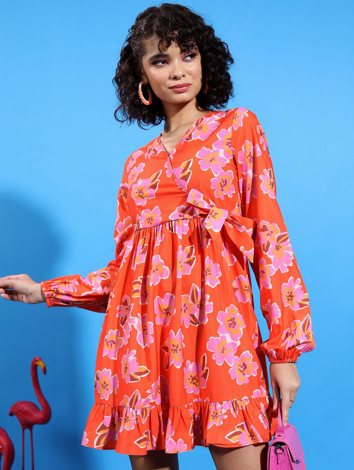 orange floral printed wrap dress - 21375830 -  Zoom Image - 0