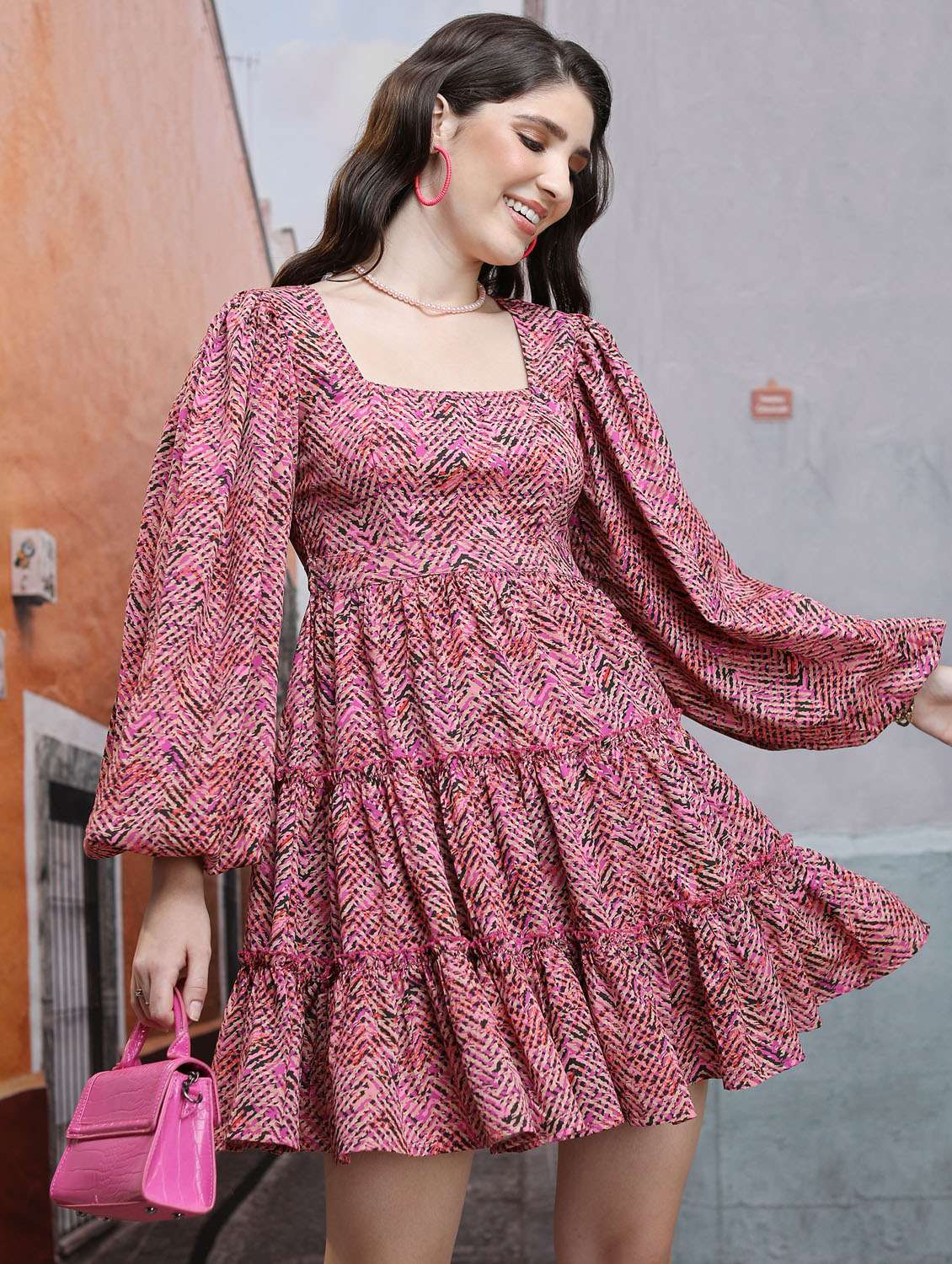 women pink cotton blend tiered dress