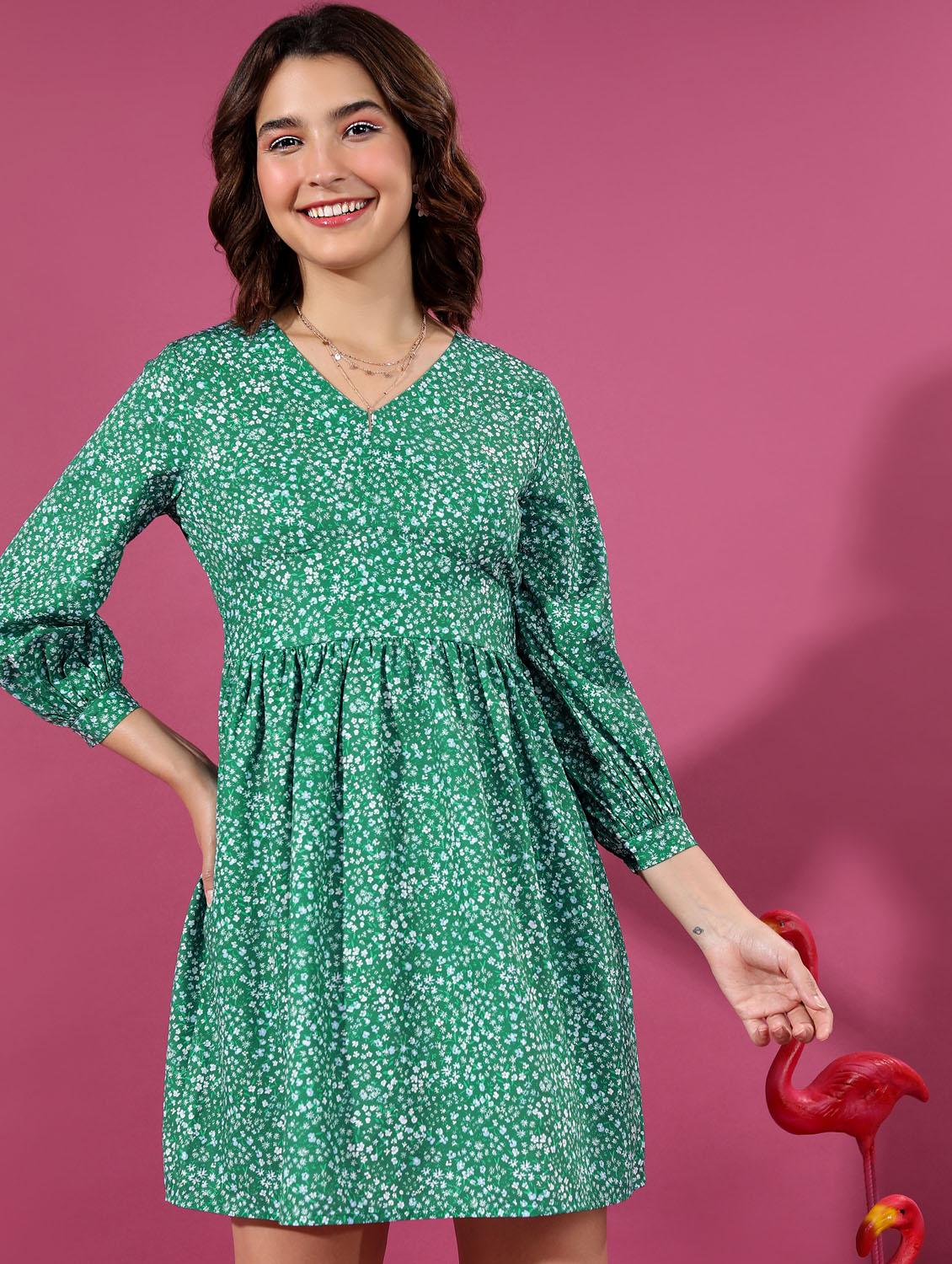 women green cotton blend a-line dress - 21375836 -  Zoom Image - 0