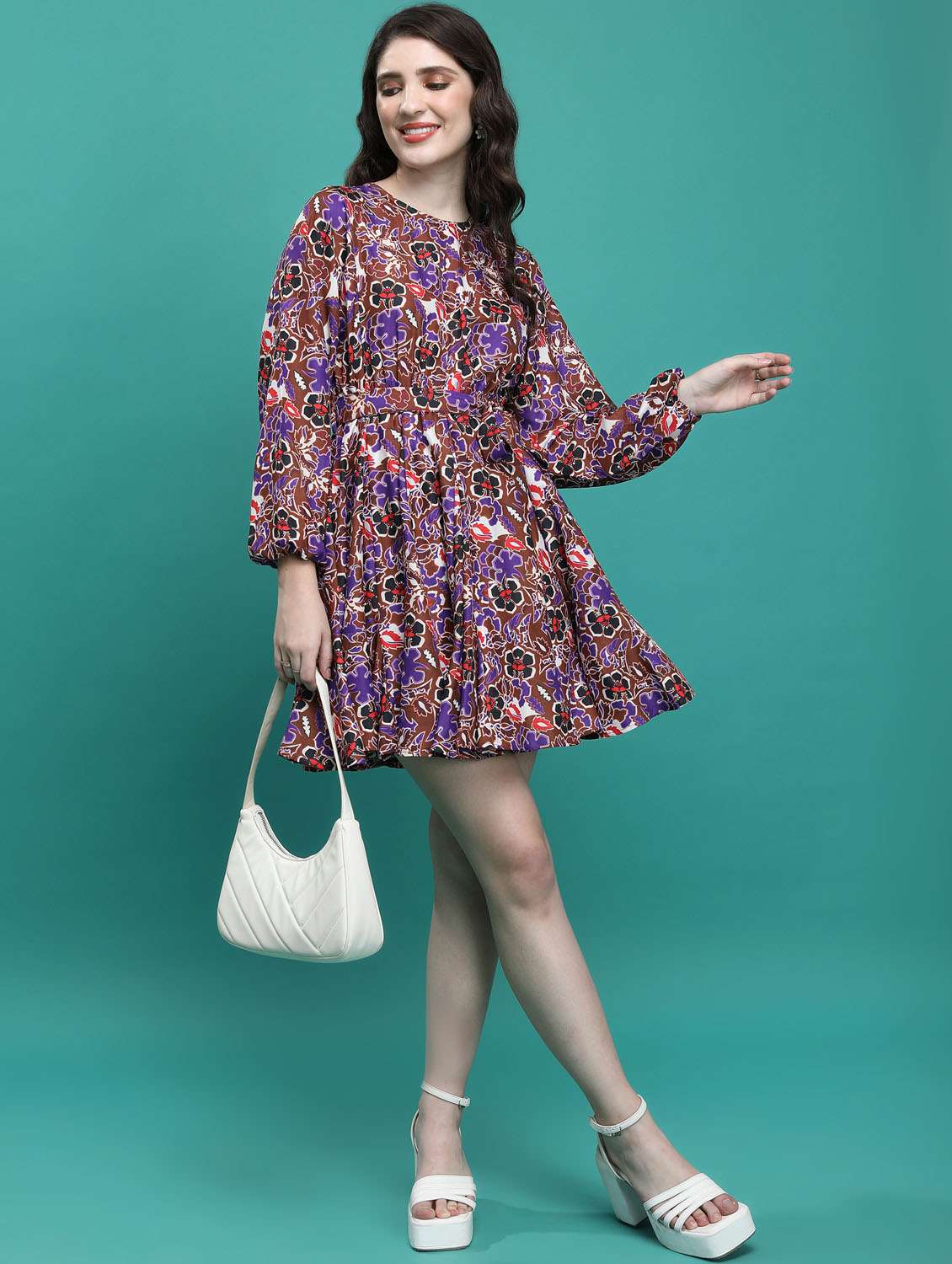 women brown cotton blend fit & flare dress - 21375852 -  Standard Image - 3