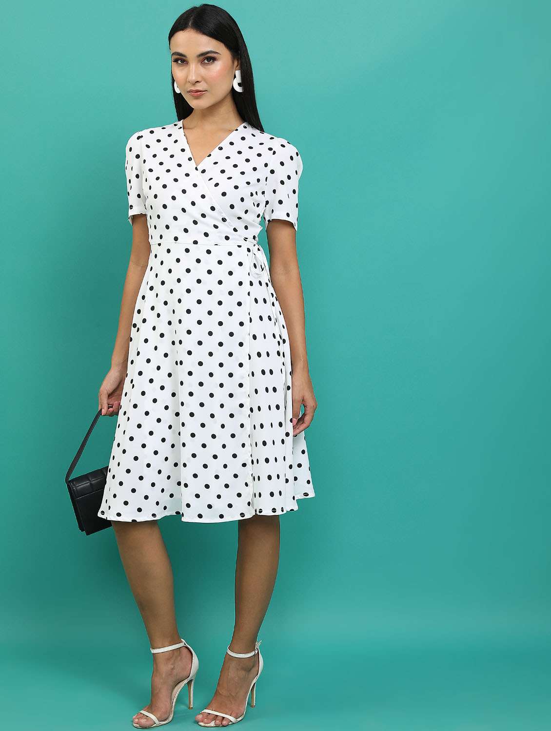 white polka dot wrap dress