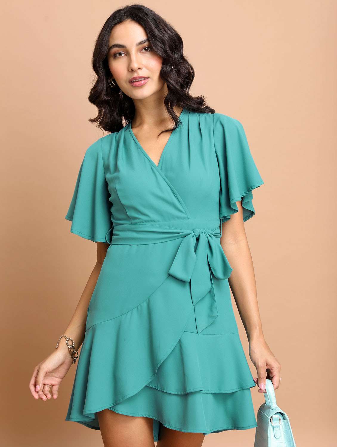 women sea green cotton blend wrap dress