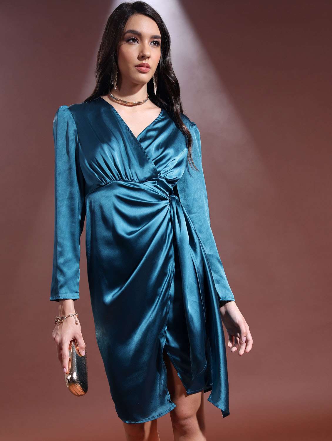teal solid wrap dress
