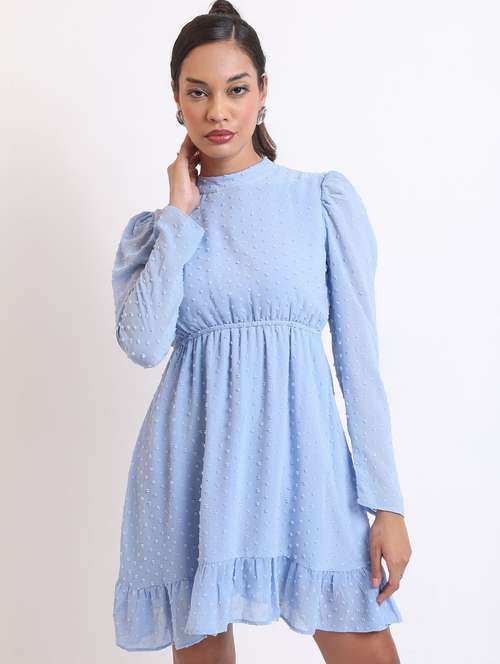 women light blue self design a-line dress - 21375926 -  Standard Image - 0