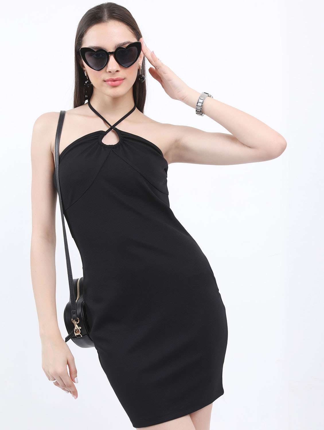 women black cotton blend bodycon dress