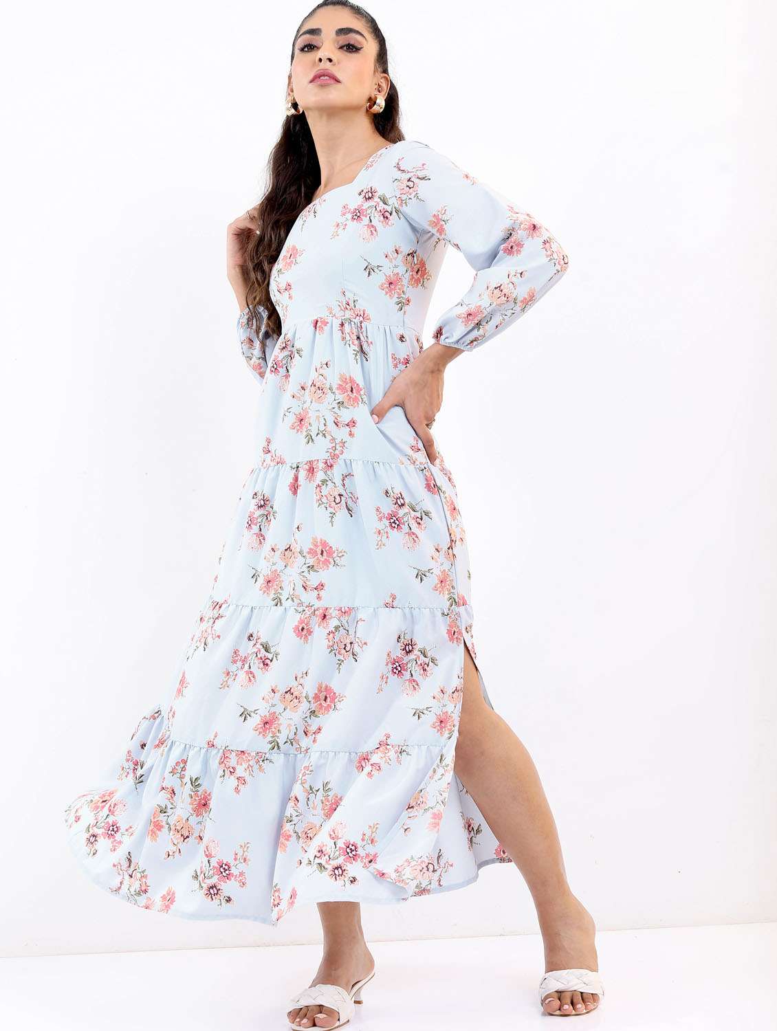light blue floral printed a-line dress