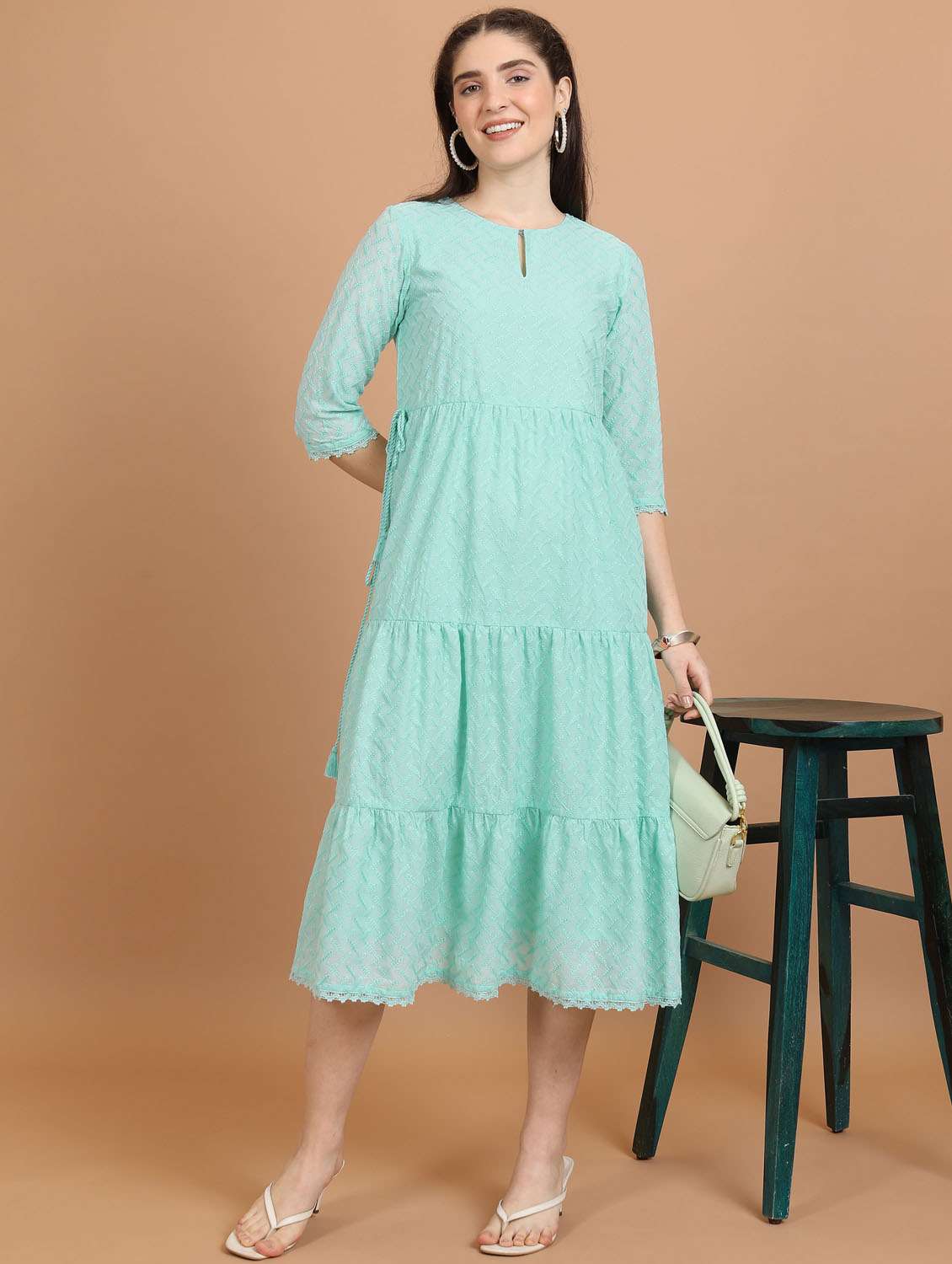 women sea green cotton blend tiered dress