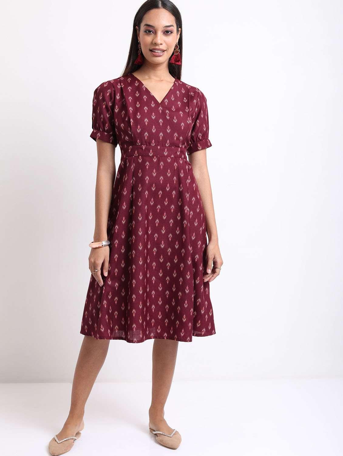 burgundy printed a-line dress