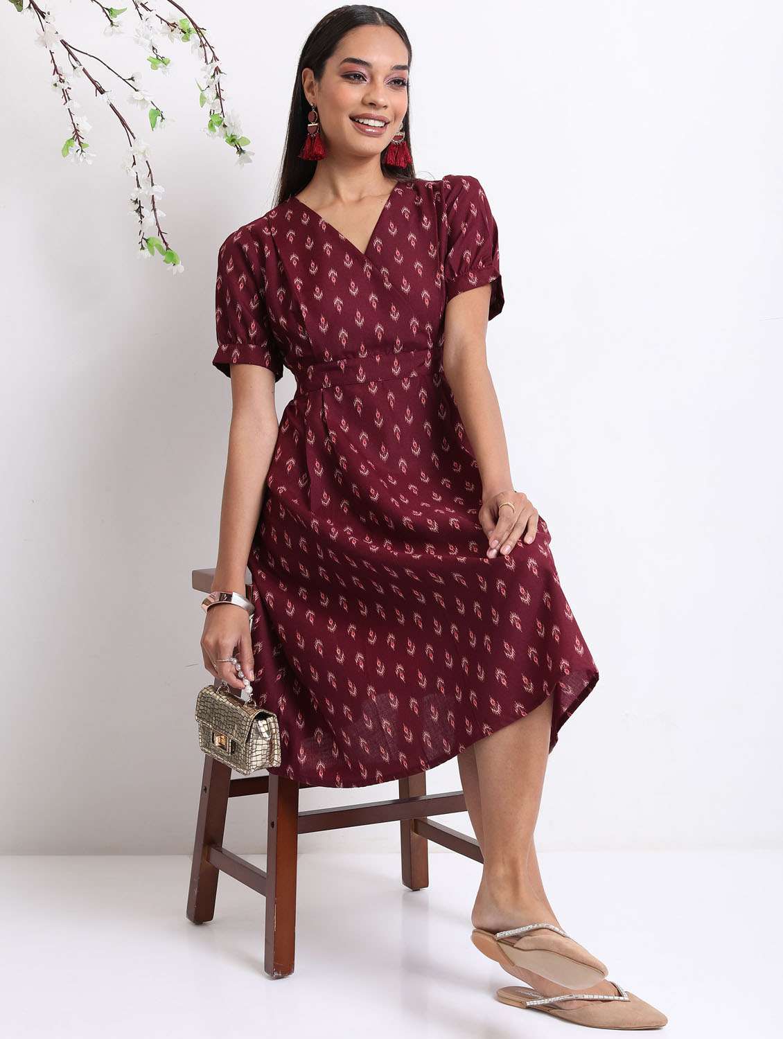 burgundy printed a-line dress - 21376016 -  Standard Image - 3