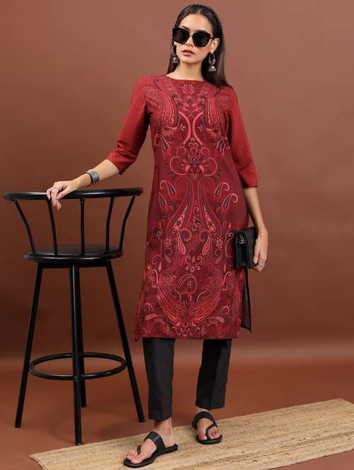 women three quarter sleeve straight kurta - 21376079 -  Standard Image - 0