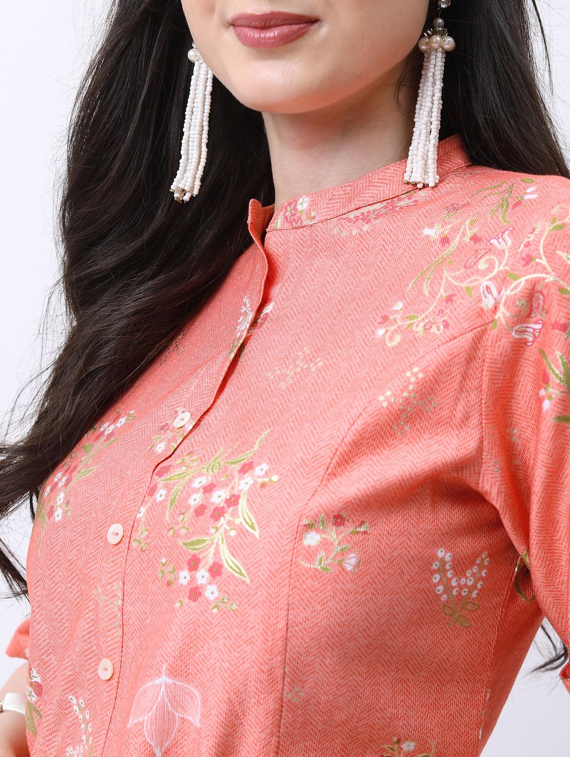 peach printed roll up sleeve a-line kurta - 21376094 - Standard Image - 3