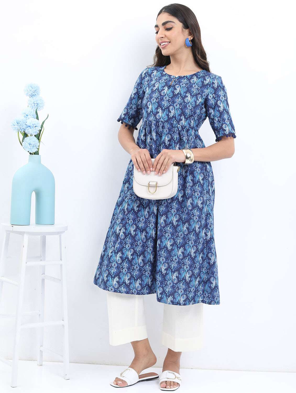 women navy blue cotton blend a-line kurta