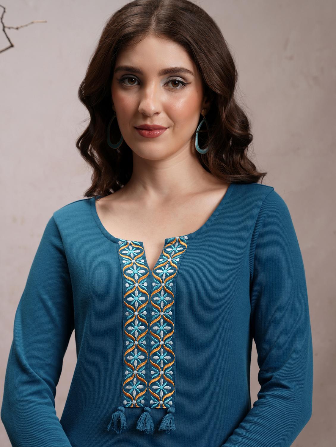 women teal blue cotton blend straight kurta - 21376185 - Standard Image - 3