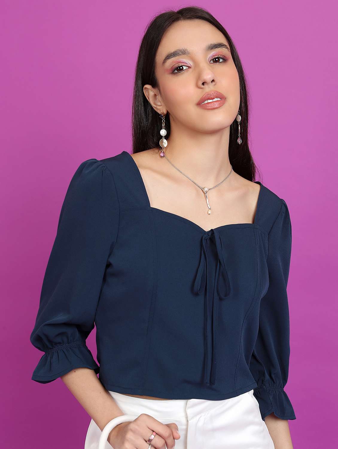 navy blue solid blouson top