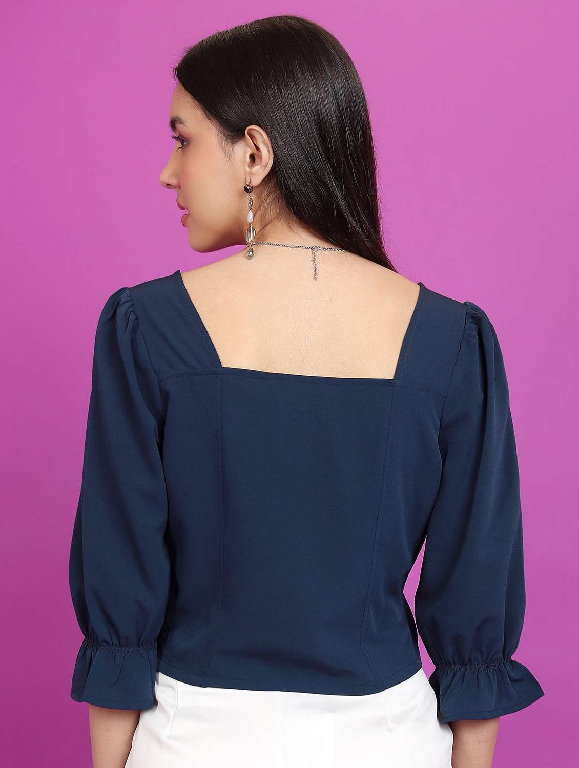navy blue solid blouson top - 21376246 -  Standard Image - 3