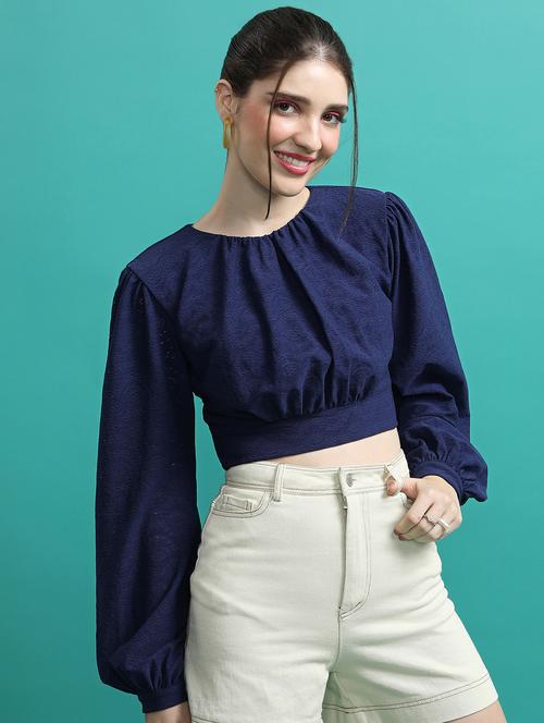 navy blue schiffli crop top - 21376252 - Standard Image - 0