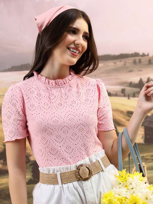 women pink cotton blend regular top - 21376305 - Standard Image - 0