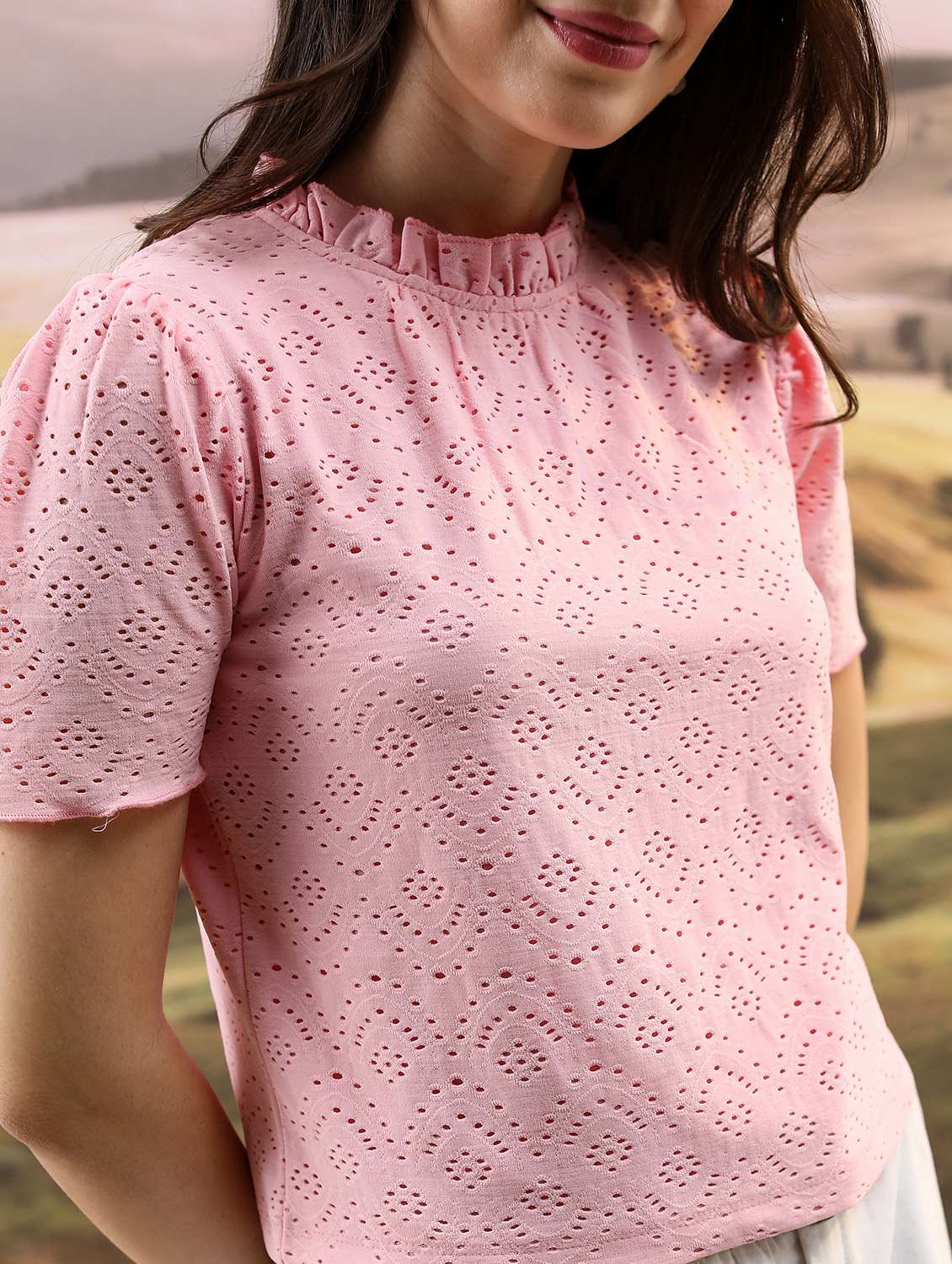 women pink cotton blend regular top - 21376305 - Standard Image - 5