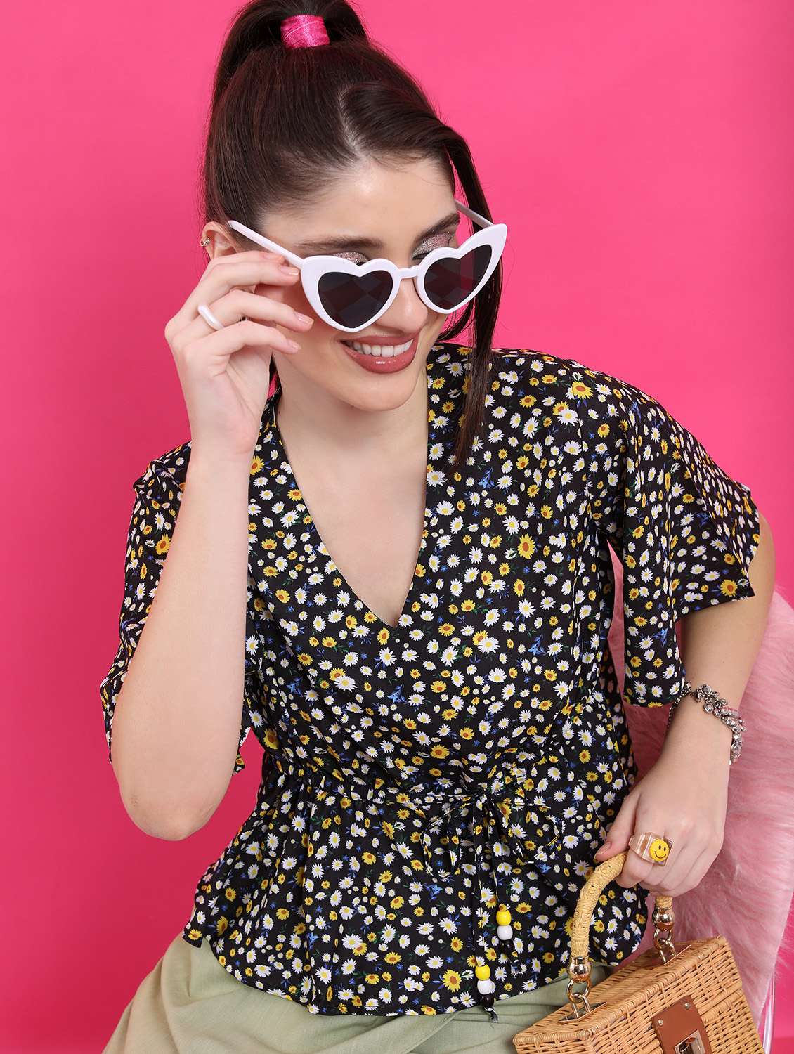 black floral printed peplum top