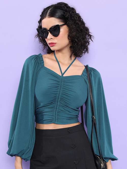 women teal cotton blend crop top - 21376382 -  Standard Image - 0