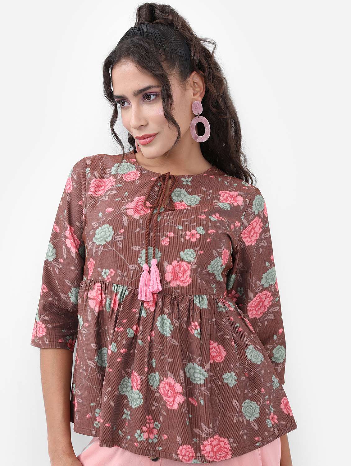 brown floral printed peplum top - 21376384 - Zoom Image - 0