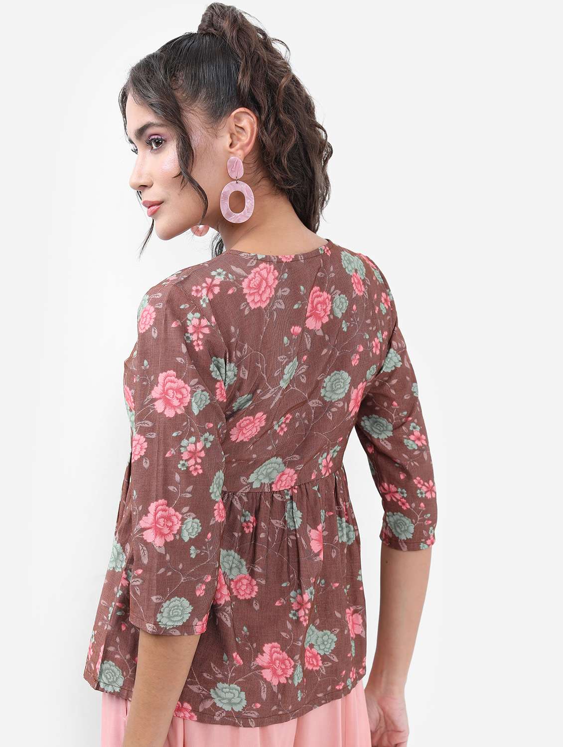 brown floral printed peplum top - 21376384 - Standard Image - 3