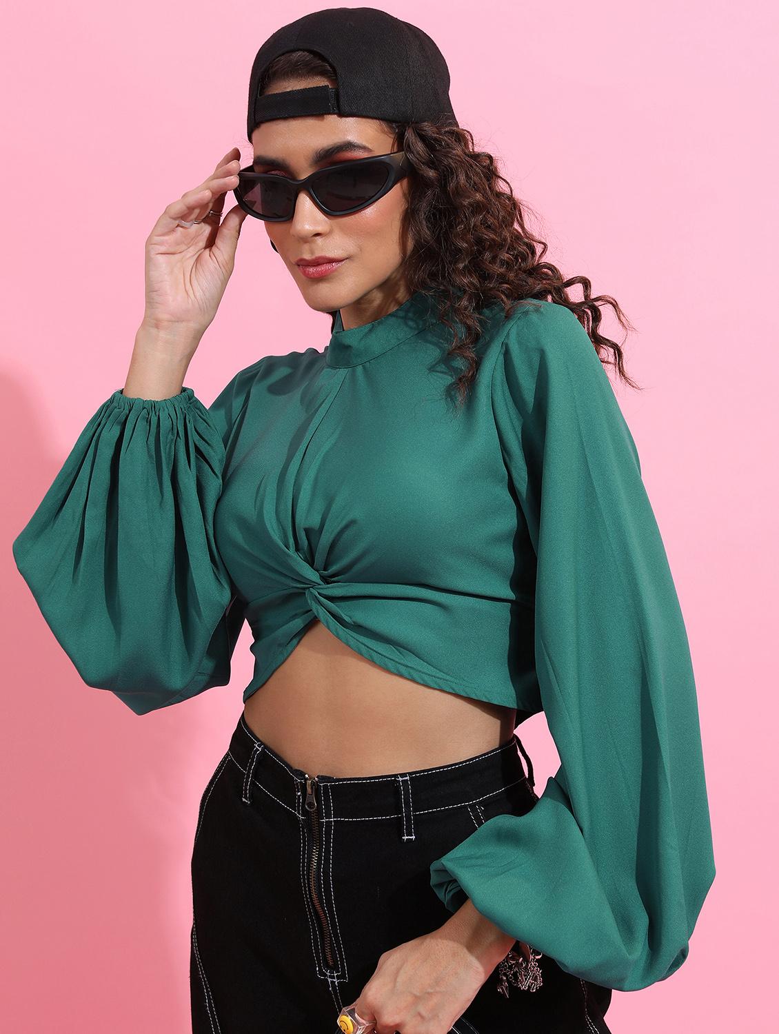 women green cotton blend crop top - 21376401 - Zoom Image - 0