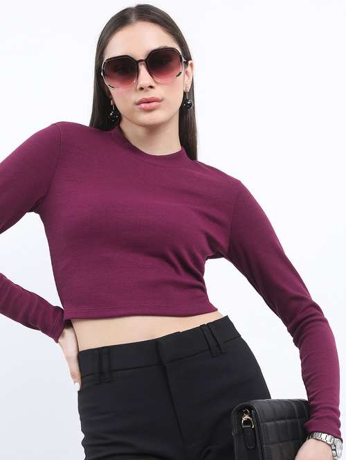 women purple cotton blend crop top - 21376464 -  Standard Image - 0