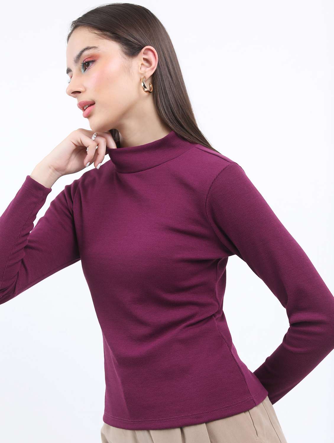 women burgundy cotton blend regular top