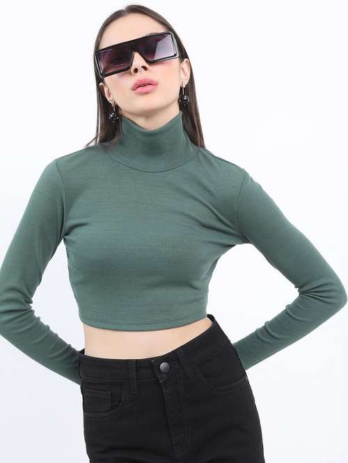 women green cotton blend crop top - 21376475 - Standard Image - 0