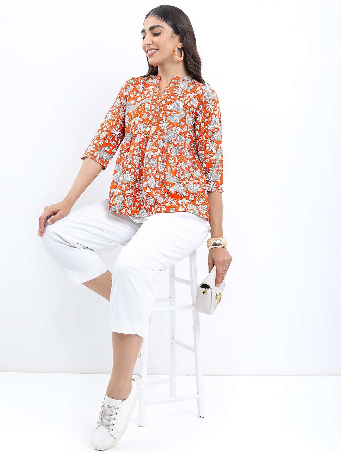 women floral print mandarin neck a-line top - 21376479 - Standard Image - 3