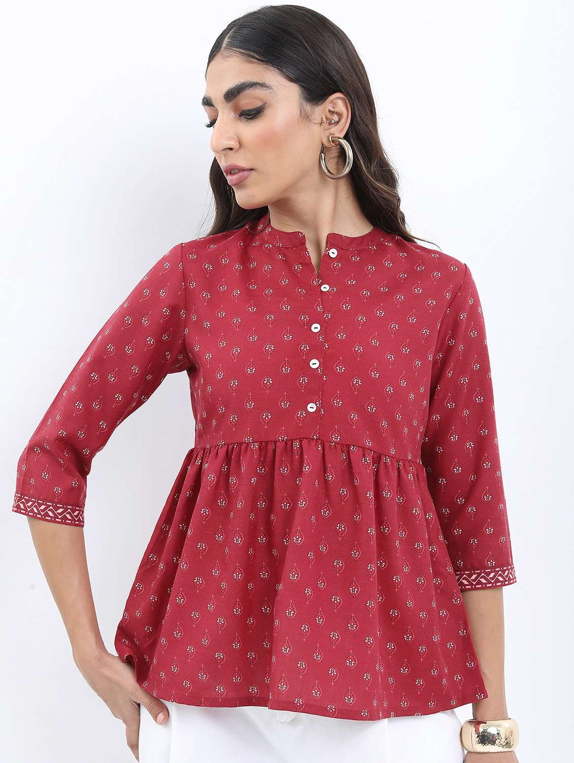 women maroon cotton blend a-line top